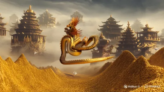 云雾缭绕的天空里，琼楼仙阁连绵不绝，仙鹤漫步其中，一条金龙和一只火风缠绵悱恻，啼声高扬清越，在下方连绵不断的金山，像火山喷发，成块成片的金元宝翻滚着向屏幕前的你涌来。好一片人间美景 by Hailuo AI Video Generator