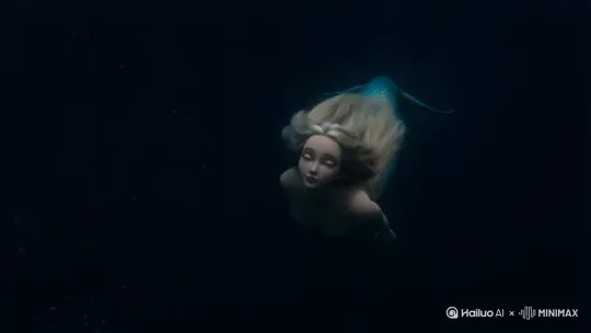 oc渲染，深海里的人鱼缓缓睁眼，漏出漆黑的眼眸，缓缓浮出水面漏出神秘一笑。 by Hailuo AI Video Generator