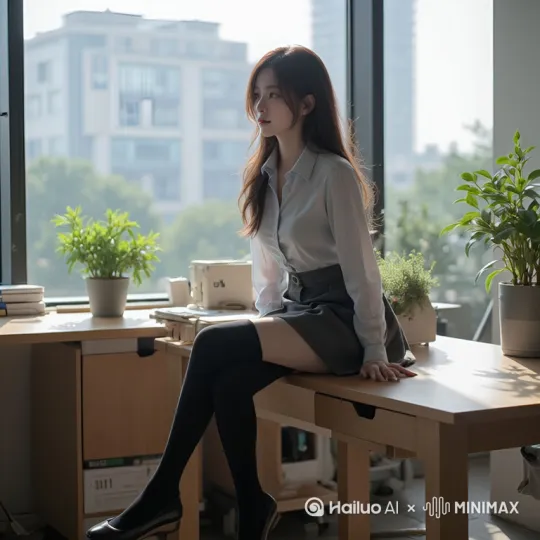 女孩缓缓从桌上离开，转身面向窗外，扭动着她诱人的身姿，然后又转过身来，脸上逐渐露出淡淡的笑容， by Hailuo AI Video Generator