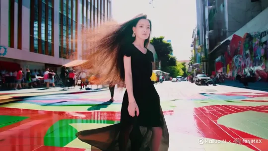 在五光十色的都市繁华大道上，有一位美丽的都市时髦女士，抬头昂扬的往前走着，美丽漂亮，时不时甩动自己美丽的长发，长发飘飘，引人注目，美丽的裙摆随风舞动，身后的地面砖光影波澜
 by Hailuo AI Video Generator