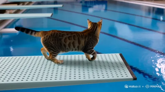 一只毛色鲜明的虎斑纹**狸花猫**，站在**奥运会标准10米跳台（微型化以适应猫体型）**边缘，它略显紧张地**慢走几步**到台端，后腿蓄力后**猛然起跳**。在空中，它灵巧地完成了一个**向前翻腾一周半**的**特定动作**，身体舒展又带点猫科动物的本能蜷缩。随后，它以近乎垂直的姿态**入水**，“噗通”一声**溅起显著的水花**。整个画面采用**电视直播镜头视角**，包含**中景跟拍起跳准备**、**特写捕捉空中翻转的肌肉线条和专注眼神**、以及**慢动作全景展现入水瞬间和水花绽放**，背景是**标准奥运会跳水池**的蓝色水面和池壁标志。 by Hailuo AI Video Generator