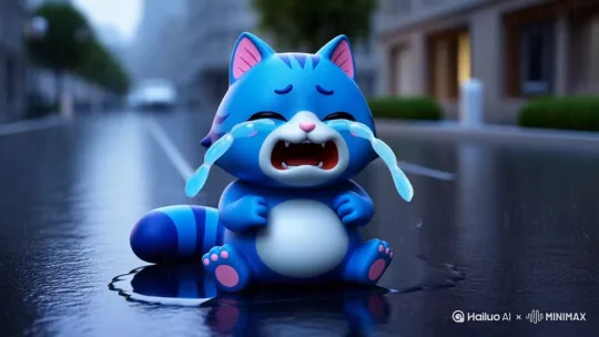 一只3d电影动画角色 一只蓝色的胖猫 耳朵内侧呈粉红色 有一个蓝色的尾巴坐在大雨的街头撕心裂肺的哭喊[右移,左摇,跟随] by Hailuo AI Video Generator
