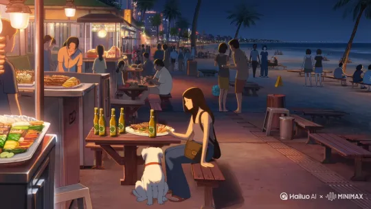 动漫插画风格，夏天的夜晚，在滨海城市，海边的路边夜宵摊路上，各种各样的美食，每个摊位都在路边有摆着矮矮的桌椅板凳。女生背着褐色的小包，坐着喝着冰啤酒，桌上有一大盆烤串，有荤菜有素菜，玻璃瓶精酿啤酒，身旁有只小小的白色雪纳瑞眼巴巴看着女生，女生边喝边看着大海，面朝大海的方向坐着，周围熙熙攘攘的路人，有人在吃，有人在看美食，有人看大海，很大一片的沙滩和大海，很多的氛围灯，很多椰子树，营造出一种平稳、舒缓的氛围，传递出忙碌一天后放松休憩的惬意感。 by Hailuo AI Video Generator
