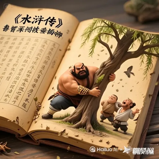 一本打开的古书，书页泛黄磨损，左侧书页有许多竖排古文汉字，大字写着"《水浒传》鲁智深倒拔垂杨柳"，右侧是3D效果的Q版人物，画面以裸眼3D特效呈现出《水浒传》典故中的经典场景和形象：Q版鲁智深扎着丸子头，圆睁豹眼咧嘴用力，大吼一声，双手抱住碗口粗的垂杨柳树根，裤腿卷到膝盖露出花臂，连用三次力，将树连根拔起，树下三两个泼皮仰头张大嘴惊叹，赶紧跑开，柳枝上还挂着几只扑棱翅膀的麻雀，人物和场景完全在右侧书页上，所有的人物和场景跃于纸上，不要超出书本，暖黄色调，书页边缘有虫蛀痕迹，细节丰富，艺术感。  16：9 by Hailuo AI Video Generator