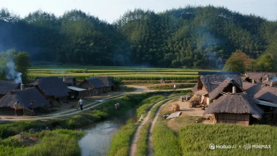 村庄布局
 
小村坐落在青山脚下，一条清澈的小溪从村边潺潺流过，将村子分成了东西两部分。村东头大多是低矮的茅草屋，错落有致地排列着，那是普通村民的住所；村西头则有几间稍大的瓦房，住着村里的大户人家。一条弯弯曲曲的土路贯穿村庄，路面上布满了大小不一的石块和车辙印，晴天时尘土飞扬，雨天时泥泞不堪。
 
自然环境
 
村外是一望无际的田野，种满了各种农作物，微风吹过，麦浪滚滚，仿佛一片绿色的海洋。村子背后的青山连绵起伏，山上植被茂密，高大的树木遮天蔽日，偶尔能听到清脆的鸟鸣声和野兽的吼声。山上还有许多不知名的野花野草，五颜六色，散发着阵阵芬芳。
 
生活场景
 
清晨，当第一缕阳光洒在屋顶上，村子里便热闹起来。鸡鸣声、狗叫声此起彼伏，村民们纷纷起床，开始了一天的劳作。男人们扛着农具走向田野，女人们则在家里忙着做饭、洗衣、织布。孩子们则背着竹篓，拿着镰刀，去山上割草、砍柴。中午，阳光炽热，村民们纷纷回到家中，在院子里的大树下吃饭、休息。傍晚，夕阳的余晖将天空染成了橙红色，劳作了一天的村民们陆陆续续回到村子，烟囱里冒出了袅袅炊烟。
 
人文风情
 
村里的人们朴实善良、互帮互助。哪家有困难，大家都会主动伸出援手。农闲时节，村民们会聚集在村口的老槐树下，聊天、下棋、讲故事。村子里还有一个私塾，是村里唯一的文化场所，孩子们在这里学习识字、算术等基础知识。每逢节日，村里会举办各种活动，如春节的舞龙舞狮、端午节的赛龙舟等，整个村子充满了欢声笑语。 by Hailuo AI Video Generator