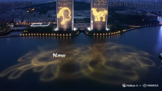 **画面**：  
  - 航拍夜幕瓯江，水面裂开金色光纹，**“新网播报 2025”** 金属LOGO从江心屿双塔间破水升起，塔身投射青龙/白鹿图腾（温州传说）。  
  - 镜头急速下坠穿越温州世贸中心大厦玻璃幕墙，反射出舞台中央**12名武者装束舞者**以太极起势定格。  
- **音效**：古筝断弦声 + 电子 bass drop 爆炸音。  
- **电视台元素**：  
  - 温州台主持人（中国少女主持人）身影闪现大厦楼顶，画外音：**“全球网络赛道，今夜从瓯越起航！”**  比率9/16 by Hailuo AI Video Generator