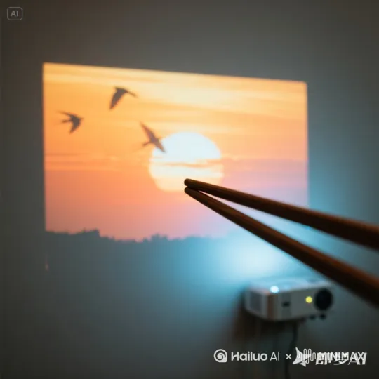 筷子夹住飞鸟影子，墙面夕阳突然加速下落，黑夜瞬间降临，飞鸟影子化为实体羽毛飘落 by Hailuo AI Video Generator