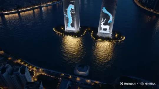 **画面**：  
  - 航拍夜幕瓯江，水面裂开金色光纹，**“三少网报”*2025*结合的**电视台元素**： 金属LOGO从江心屿双塔间破水升起，塔身投射青龙/白鹿图腾（温州传说）。  
  - 镜头急速下坠穿越温州世贸中心大厦玻璃幕墙，反射出舞台中央**12名武者装束舞者**以太极起势定格。  
- **音效**：古筝断弦声 + 电子 bass drop 爆炸音。  
- **电视台元素**：  
  - 温州台主持人（中国少女主持人）身影闪现大厦楼顶，画外音：**“全球网络赛道，今夜从瓯越起航！”**  比率9/16真人超清，电影级质感 by Hailuo AI Video Generator