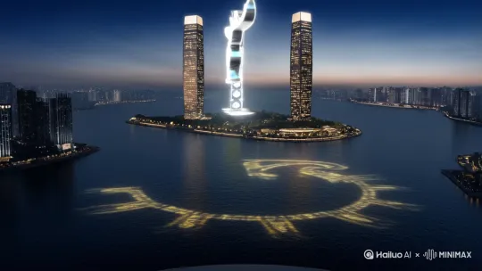 **画面**:
- 航拍夜幕瓯江,水面裂开金色光纹,**“三少 2025”** 金属LOGO从江心屿双塔间破水升起,塔身投射青龙/白鹿图腾(温州传说)。
- 镜头急速下坠穿越温州世贸中心大厦玻璃幕墙,反射出舞台中央**12名武者装束舞者**以太极起势定格。
- **音效**:古筝断弦声 + 电子 bass drop 爆炸音。
- **电视台元素**:
- 温州台主持人(中国少女主持人)身影闪现大厦楼顶,画外音:**“全球网络赛道,今夜从瓯越起航!”** 比率9/16
**三少**:千名市民手机灯光随鼓点组成**“斗舞”** 篆字,镜头拉升显现场馆穹顶变身巨型齿轮舞台。
- by Hailuo AI Video Generator