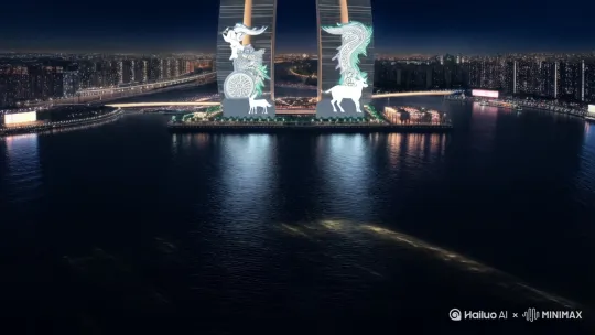 **画面**：  
  - 航拍夜幕瓯江，水面裂开金色光纹，**“三少 2025”** 金属LOGO从江心屿双塔间破水升起，塔身投射青龙/白鹿图腾（温州传说）。  
  - 镜头急速下坠穿越温州世贸中心大厦玻璃幕墙，反射出舞台中央**12名武者装束舞者**以太极起势定格。  
- **音效**：古筝断弦声 + 电子 bass drop 爆炸音。  
- **电视台元素**：  
 
 **三少**：千名市民手机灯光随鼓点组成**“斗舞”** 篆字，镜头拉升显现场馆穹顶变身巨型齿轮舞台。  
- by Hailuo AI Video Generator