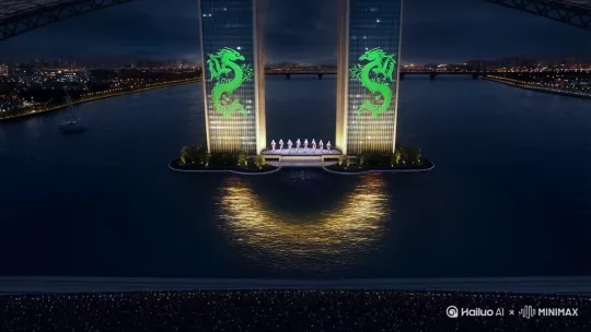 **画面**：  
  - 航拍夜幕瓯江，水面裂开金色光纹，**“三少制作 2025”**的 金属中文LOGO从江心屿双塔间破水升起，塔身投射青龙/白鹿图腾（温州传说）。  
  - 镜头急速下坠穿越温州世贸中心大厦玻璃幕墙，反射出舞台中央**12名武者装束舞者**以太极起势定格。  
- **音效**：古筝断弦声 + 电子 bass drop 爆炸音。  
- **电视台元素**：  
 
：千名市民手机灯光随鼓点组成**“三少制作”**2025的字组圆轮，镜头拉升显现场馆穹顶变身巨型齿轮舞台。  
- by Hailuo AI Video Generator