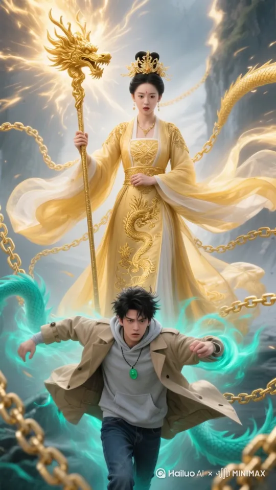 【镜头1】敖青权杖发出的金色光芒化作数条金龙锁链，优雅地环绕在江辰周围。金色锁链散发着温和的光芒，与江辰失控的青色能量产生共鸣，逐渐将暴乱的能量安抚下来。两种龙族力量在空中交融，形成美丽的金青色光环。电影质感 by Hailuo AI Video Generator