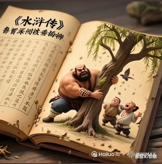 一本打开的古书，书页泛黄磨损，左侧书页有许多竖排古文汉字，大字写着"《水浒传》鲁智深倒拔垂杨柳"，右侧是3D效果的Q版人物，画面以裸眼3D特效呈现出《水浒传》典故中的经典场景和形象：Q版鲁智深扎着丸子头，圆睁豹眼咧嘴用力，大吼一声，双手倒抱住碗口粗的垂杨柳树下半部，整个过程中保持原有的鲁智深相貌，裤腿卷到膝盖露出花臂，连用三次力，将树连根拔起，树下三两个泼皮抱头鼠窜，赶紧跑开，柳枝上方几只扑棱翅膀的麻雀直冲云霄，人物和场景完全在右侧书页上，所有的人物和场景跃于纸上，不要超出书本，暖黄色调，书页边缘有虫蛀痕迹，细节丰富，艺术感。 by Hailuo AI Video Generator