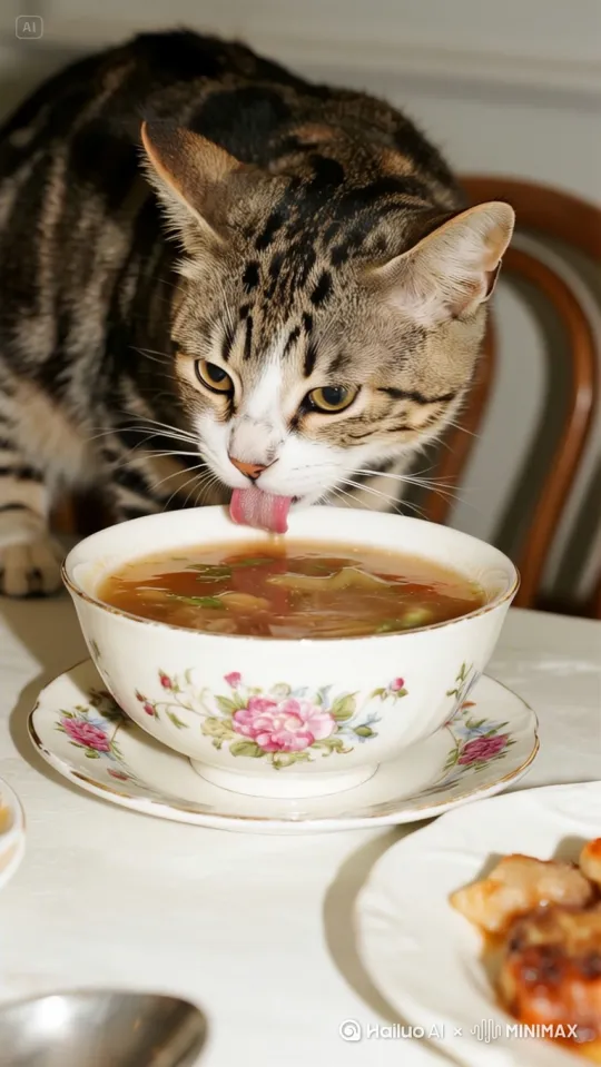 在干净的餐桌上，放着一个酸奶盖，一只花斑猫凑过来，伸出舌头一下一下地舔着酸奶盖上残留的酸奶，发出轻柔的“吧唧”声。 by Hailuo AI Video Generator