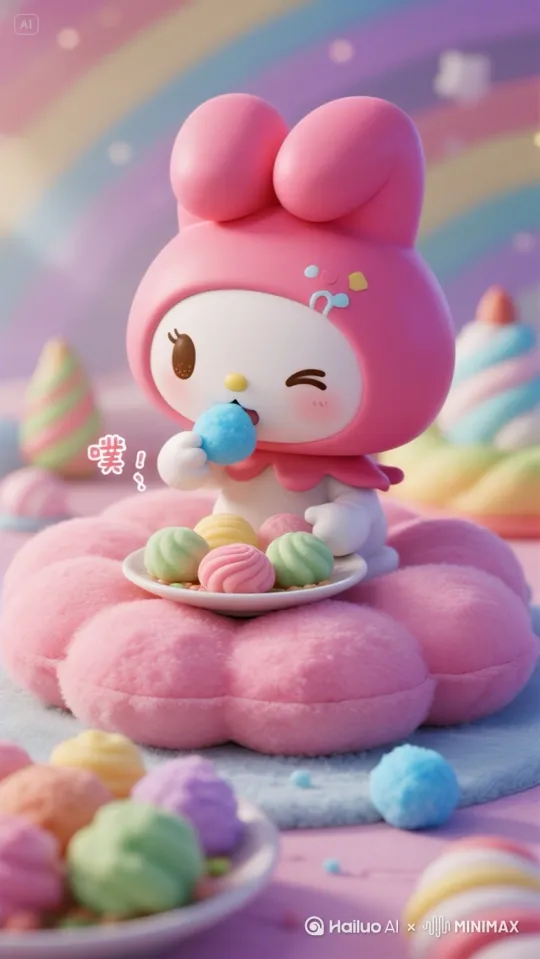 画面里美乐蒂坐在粉色云朵造型的坐垫上，面前是一盘色彩缤纷的棉花糖。她轻轻拿起一颗蓝色棉花糖，慢慢放入口中，棉花糖在嘴里慢慢融化，发出轻微的“噗呲”声，美乐蒂眯着眼睛，一脸享受。 by Hailuo AI Video Generator