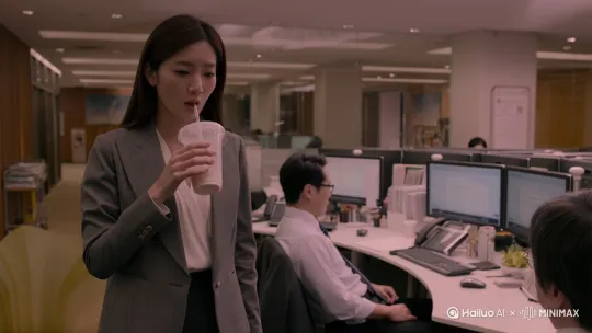 办公室里一个女人吸空的奶茶杯，疑惑拿着手上看了看，递给一个男人，说“怎么喝两口就没了？哎哎，你帮我测一下这个有没有500ml" by Hailuo AI Video Generator