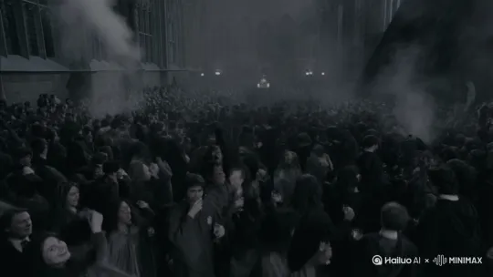 霍格沃兹魔法世界观，黑白色调，90年代家庭影片风格，狂欢氛围，16mm手持胶片摄像机风格，画面有颗粒，略微带暗角，广角镜头，人群 拥挤，哈利波特和他的老师同学们在霍格沃兹的地下场库里蹦迪，，学生穿魔法袍，手持酒杯，场景具有中世纪风格，现场烟雾缭绕，所有人都呈现出狂欢状态 by Hailuo AI Video Generator