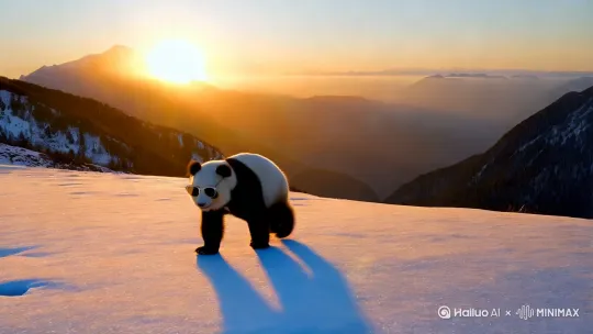 戴着太阳镜的毛茸茸的熊猫在日出时的雪山顶上跳舞，左移运镜 by Hailuo AI Video Generator