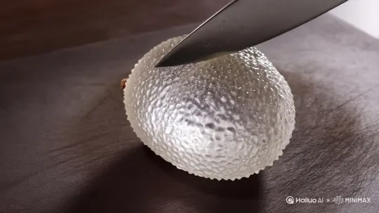 一个玻璃荔枝被刀切割，有切割声音 by Hailuo AI Video Generator