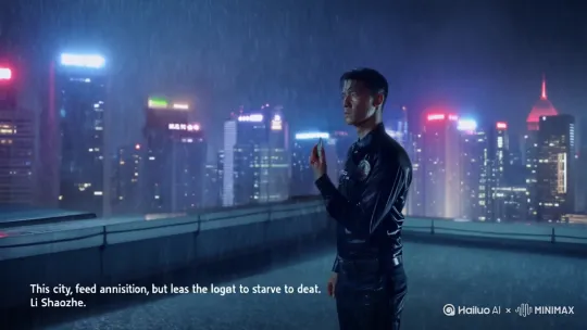暴雨夜的香港警署顶楼场景，主体是身穿湿透警服的年轻刑警李少泽，右手紧攥着带有血迹的银色警徽，站在天台边缘凝望城市霓虹。雨水顺着下颌滴落，警徽在霓虹映照下反射冷光，潮湿警服紧贴肌肉线条。采用暗黑霓虹美学风格，蓝紫主色调中穿插猩红光源，暴雨雨帘呈现动态模糊效果，城市天际线在雨雾中扭曲变形。画面左下角浮现半透明白色字幕"这座城市喂饱了野心，却让忠诚者饥饿至死。"，字体边缘带有雨水侵蚀效果。 by Hailuo AI Video Generator