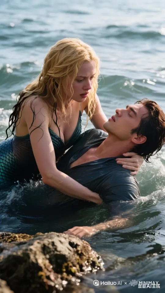 Close-up close-up of the mermaid princess holding up the unconscious prince's head as she swims toward the reef, her blonde hair soaked with seawater against her cheek. by Hailuo AI Video Generator