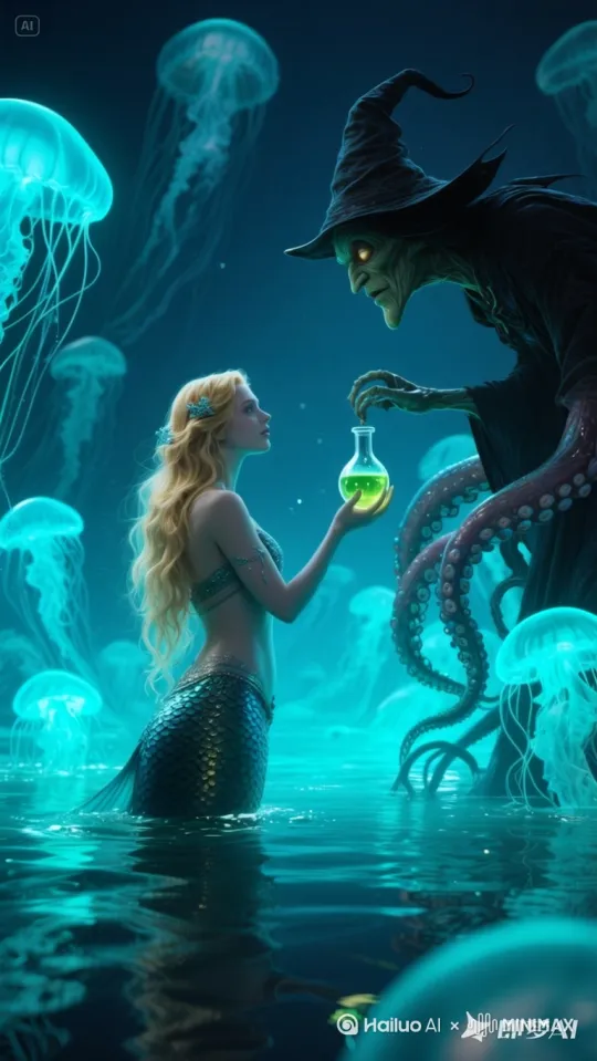 In a twisted swarm of glowing jellyfish, the mermaid princess faces the sea witch, who holds a bottle of boiling potion in her hand.[左移,跟随] by Hailuo AI Video Generator