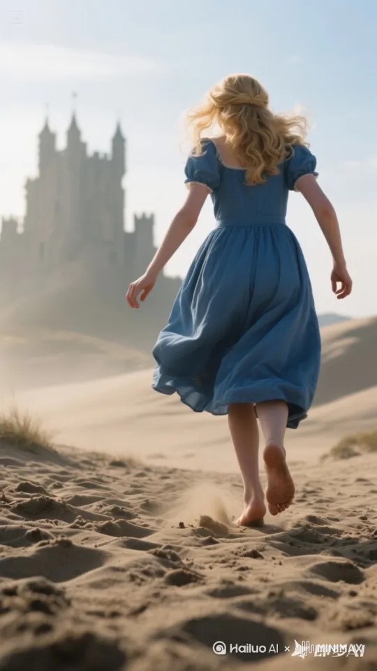 Followed by a low angle shot of the Princess's bare feet on the rough sand, stumbling unsteadily with each step, with the castle silhouetted in the distance.[跟随] by Hailuo AI Video Generator