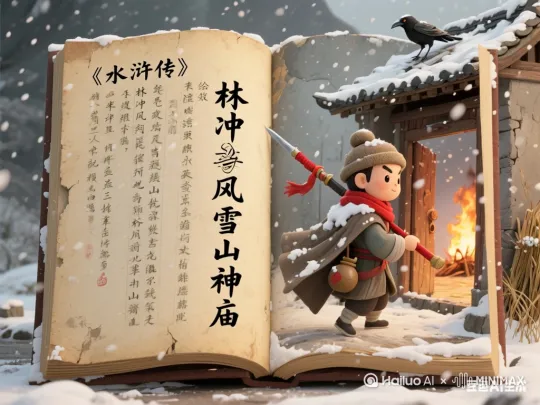 帮我生成一个视频:一本打开的古书,书页泛黄磨损,左侧书页有许多竖排古文汉字,大字写着"《水浒传》林冲风雪山神庙",右侧是3D效果的Q版人物,画面以裸眼3D特效呈现出《水浒传》典故中的经典场景和形象:Q版林冲头戴毡帽裹着红围巾,红樱枪挑着酒葫芦,斗篷被风雪吹得鼓起来,身后山神庙的破庙门半开着,雪花从空中飘落堆积在他肩头,远处草料场方向冒着火光,一只瘦骨嶙峋的乌鸦蹲在庙檐上呱呱叫,林冲扛着长枪逐渐走出,人物和场景完全在右侧书页上,所有的人物和场景跃于纸上,不要超出书本,暖灰色调,雪花有透明质感,细节丰富,艺术感。
Q版林冲风雪山神庙形象提示词
整体风格:Q版3D立体渲染,保留古风细节,搭配柔和圆润线条,暖灰色主调中点缀暗红、明黄元素,呈现雪夜肃杀又带萌趣的氛围。
头部细节:包子脸搭配圆鼓鼓脸颊,剑眉微蹙显坚毅,大眼睛泛着泪光(呼应悲情境遇),鼻头冻得通红;头戴毛绒边护耳毡帽,帽檐垂两条红色绒球系带,脖颈围着蓬松红围巾,边缘带白色毛绒雪霜。
服饰装扮:身披夸张鼓胀的深灰斗篷(被风雪吹起呈波浪状),斗篷边缘磨损带毛边,内衬暗红绸缎若隐若现;内搭补丁蓝布棉袄,腰间系虎皮纹粗腰带,别着短匕首;下装灯笼裤配绑腿布鞋,鞋头沾积雪。
随身物品:右手扛红缨枪(枪杆带木纹细节,枪缨染血渍),枪头挑着葫芦酒壶(壶身写“醉”字,壶口冒热气);背后斜挎补丁行囊,露出半卷地图与家书一角。
动态与环境:身体微倾逆风前行,头发与斗篷向后飞扬;肩头、帽檐堆积蓬松雪花,周围飘落透明质感雪片(带光晕特效);背景露出半开的破庙门,门环生锈,庙内透出微弱火光,远处草料场冲天火光照亮半边天,庙檐蹲着歪头乌鸦(羽毛凌乱,眼珠带凶光) 。比例 4:3。 by Hailuo AI Video Generator