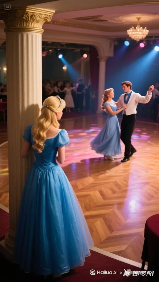 Wide shot overlooking the ballroom, the princess in the blue dress hides behind a pillar and watches the prince dance with his fake rescuer in the center of the dance floor. by Hailuo AI Video Generator