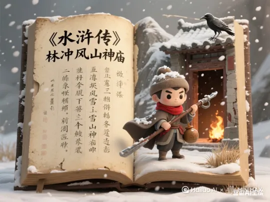 帮我生成一个视频：一本打开的古书，书页泛黄磨损，左侧书页有许多竖排古文汉字，大字写着"《水浒传》林冲风雪山神庙"，右侧是3D效果的Q版人物，画面以裸眼3D特效呈现出《水浒传》典故中的经典场景和形象：Q版林冲头戴毡帽裹着红围巾，红樱枪挑着酒葫芦，斗篷被风雪吹得鼓起来，身后山神庙的破庙门半开着，雪花从空中飘落堆积在他肩头，远处草料场方向冒着火光，一只瘦骨嶙峋的乌鸦蹲在庙檐上呱呱叫，林冲扛着长枪逐渐走出，人物和场景完全在右侧书页上，所有的人物和场景跃于纸上，不要超出书本，暖灰色调，雪花有透明质感，细节丰富，艺术感。

Q版林冲风雪山神庙形象提示词
 
整体风格：Q版3D立体渲染，保留古风细节，搭配柔和圆润线条，暖灰色主调中点缀暗红、明黄元素，呈现雪夜肃杀又带萌趣的氛围。
 
头部细节：包子脸搭配圆鼓鼓脸颊，剑眉微蹙显坚毅，大眼睛泛着泪光（呼应悲情境遇），鼻头冻得通红；头戴毛绒边护耳毡帽，帽檐垂两条红色绒球系带，脖颈围着蓬松红围巾，边缘带白色毛绒雪霜。
 
服饰装扮：身披夸张鼓胀的深灰斗篷（被风雪吹起呈波浪状），斗篷边缘磨损带毛边，内衬暗红绸缎若隐若现；内搭补丁蓝布棉袄，腰间系虎皮纹粗腰带，别着短匕首；下装灯笼裤配绑腿布鞋，鞋头沾积雪。
 
随身物品：右手扛红缨枪（枪杆带木纹细节，枪缨染血渍），枪头挑着葫芦酒壶（壶身写“醉”字，壶口冒热气）；背后斜挎补丁行囊，露出半卷地图与家书一角。
 
动态与环境：身体微倾逆风前行，头发与斗篷向后飞扬；肩头、帽檐堆积蓬松雪花，周围飘落透明质感雪片（带光晕特效）；背景露出半开的破庙门，门环生锈，庙内透出微弱火光，远处草料场冲天火光照亮半边天，庙檐蹲着歪头乌鸦（羽毛凌乱，眼珠带凶光） 。比例 4:3。 by Hailuo AI Video Generator