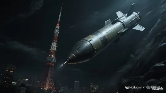 导弹落地爆炸，超级慢动作，一朵蘑菇云腾空而起，画面中的建筑纷纷碎裂倒下，碎片冲击镜头[右移,左摇,跟随] by Hailuo AI Video Generator