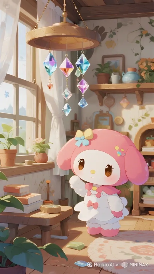 在美乐蒂温馨的小屋里，窗前挂着一串水晶风铃。她伸出小手轻轻拨动风铃，水晶相互碰撞，发出一连串清脆悦耳、如同流水般的“叮叮当当”声。 by Hailuo AI Video Generator