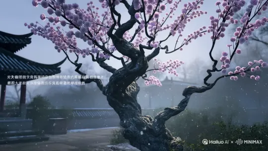 按咏雪诗文生成视频，咏雪，清，郑燮，一片两片三四片，五六七八九十片。千片万片无数片，飞入梅花都不见。视频有带拼音的诗文。[推进,上升] by Hailuo AI Video Generator