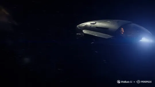 [左移,推进,右摇]宇宙，推进到一个飞船，镜头中出现了飞船驾驶仓的一个男人，他松了口气。镜头转向飞船，它正飞向一个全新的星球突然有一束激光射向飞船，飞船坠机，随后黑屏，出现字幕“星际之战 by Hailuo AI Video Generator