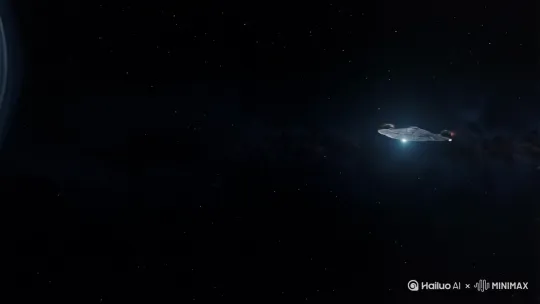 [左移,推进,右摇]宇宙，推进到一个飞船，镜头中出现了飞船驾驶仓的一个男人，他松了口气。镜头转向飞船，它正飞向一个全新的星球突然有一束激光射向飞船，飞船坠机，随后黑屏，出现字幕“星际之战 by Hailuo AI Video Generator
