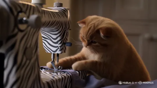 一只肥肥的浅棕色的猫用斑马皮踩着缝纫机做着衣服。动画风格 by Hailuo AI Video Generator