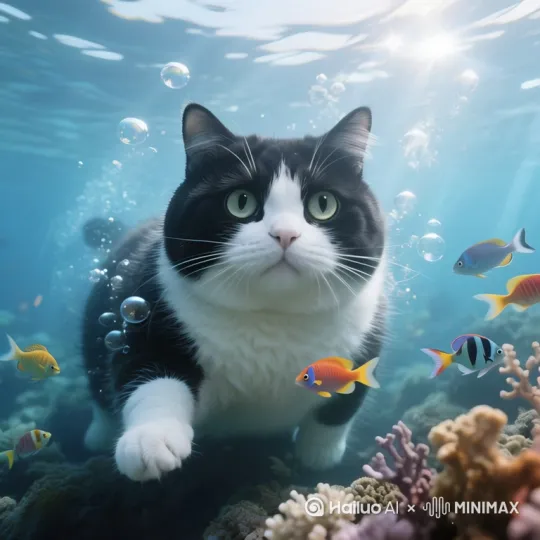 猫在水中用游泳，动作灵活，眼神好奇地看着鱼，鱼游来游去，生动，海水荡漾，珊瑚慢慢摇摆 by Hailuo AI Video Generator