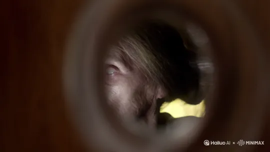 容：视角切入猫眼内部，呈圆形微广角变形
画面：一张苍白扭曲的老女人脸紧贴门外，她眼睛瞬间睁开！

眼睛死白 + 瞳孔放大 + 微微张嘴，嘴里发出“嘶……”的吸气声

门后昏黄灯光洒在她脸上，脸部皮肤干瘪开裂


视觉风格关键词：写实恐怖、模糊边缘、贴近、突袭感
音效：心跳骤停音 + 猝然吸气 + 重低频轰鸣 by Hailuo AI Video Generator