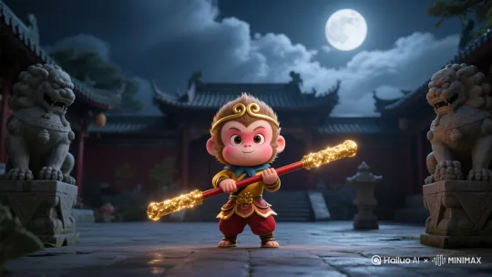 3D写实风格下，古代寺庙庭院中，Q版孙悟空周身金芒乍现，如闪电般冲向高空。金箍棒瞬间光芒大盛，似黑洞般吸引着四周五彩斑斓的能量疯狂汇聚，能量碰撞间爆发出震耳轰鸣。
 
与此同时，天空被血红色流星点亮，它们拖着长长的尾焰，如雨点般密集地朝孙悟空涌来，围绕其形成巨大的红色漩涡。孙悟空手持金箍棒，裹挟着这股毁天灭地的力量，如燃烧的彗星般向地面俯冲。
 
触地瞬间，地面如玻璃般崩裂，巨大的冲击波向四周扩散，扬起漫天尘土。裂缝中岩浆喷涌，能量波肆虐，寺庙建筑纷纷倒塌，整个世界都为之颤抖。 by Hailuo AI Video Generator