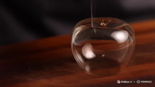 Realistic 4K footage close - up, lasting for 1 minute, of a knife rapidly cutting a glass apple on a wooden cutting board. It slices it multiple times, each slice falls over as the knife moves to the next. The inside of the apple is also glass. The sound is ASMR style. by Hailuo AI Video Generator