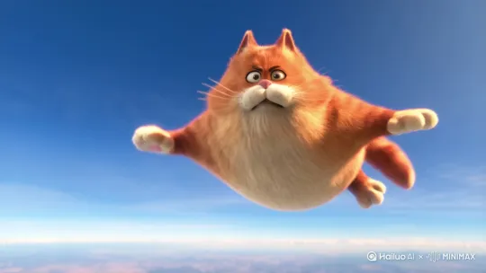一只胖胖的橘猫在跳伞，眼睛睁的圆圆的，表情紧张。镜头仰视角度 by Hailuo AI Video Generator
