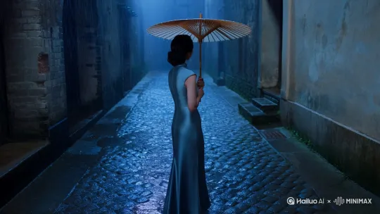 青石巷里旗袍美女打着油纸伞在雨里等带着爱人的回来[上升,推进] by Hailuo AI Video Generator