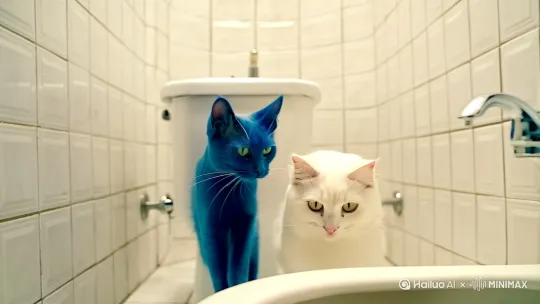 一一只白色的猫，和一只蓝色的猫在厕所里面吃便便 by Hailuo AI Video Generator
