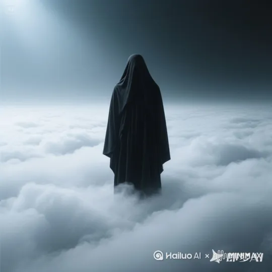 人物突然移动，周围的云层开始扭曲变形，同时天空瞬间飘起无数小 particles. by Hailuo AI Video Generator