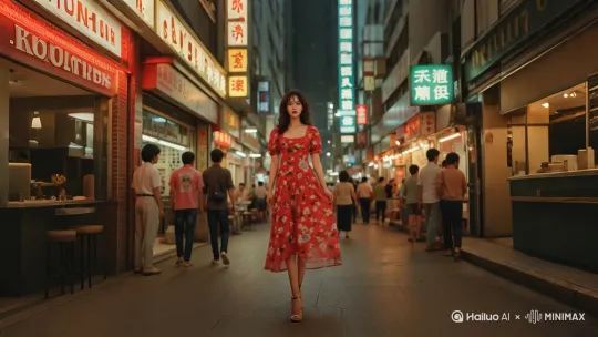 拍摄景别为全景，人物景别全身，俯拍视角，中心构图。从远处向前推进镜头靠近女人，身着红色碎花连衣裙的女人缓慢走在繁华的街道中央，周围是来来往往的行人。她表情略带迷范，眼神游离，环境场景是充满复古港风的街道，霓虹灯闪烁，招牌林立。 by Hailuo AI Video Generator