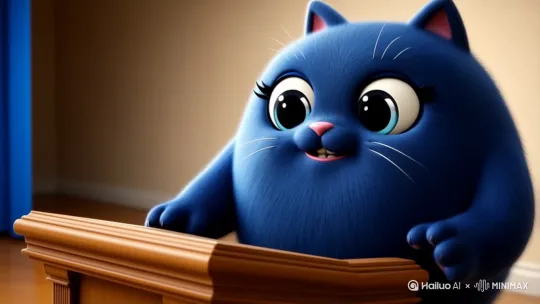 生生成一个深蓝色胖猫，必须站立，在讲台上演讲，眼睛必须超大，卡通风[右移,左摇,跟随] by Hailuo AI Video Generator