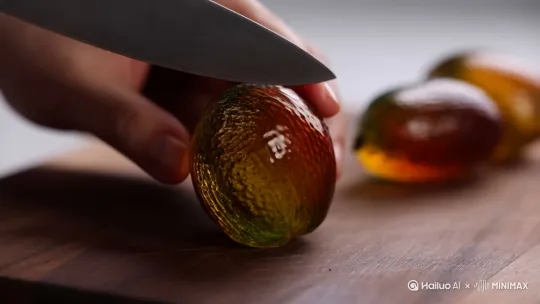 .视频类型：ASMR视频;
.画面主体：一个超级逼真、精致的、玻璃材质的[颜色]的[水果
在木制砧板上，手持刀缓慢有节奏的、一片一片的切开它,
开后可以清晰的看到[水果]的内部结构;
背景环境为：[场景环境和光线];
镜头的视觉焦点集中在[画面的主要焦点，如刀与水果接触的兵
景别为：[特写镜头/中景/微距镜头/俯拍视角];
拍摄相机和镜头参数:索尼 A7RIV，光圈：f/2.8至f/5:6
音频描述】
刀子每一次碰到玻璃水果的那一刻，都会发出清脆的叮当声
刃子切割过程中会发出轻微的、自然的沙沙声;
刀子每一次切割完触碰到砧板，都会发出低沉的碰撞声
时长为10~15秒 by Hailuo AI Video Generator