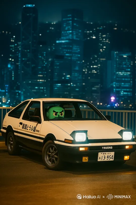 夜晚城市天台，AE86在山路弯道漂移过弯。车辆前大灯亮起。车子快速入弯，轮胎摩擦地面冒出白色烟雾，车身轻微侧倾，绿色机器人坐在驾驶位，专注且带点凶狠的表情看向前方，手握方向盘精准操控。背景是高楼林立的香港夜景，远处霓虹闪烁。镜头采用跟拍视角，从前侧45度跟随车辆入弯，展现漂移的动感。画面带有电影质感，光影真实，地面反光明显。
时长6-10秒，流畅自然，轮胎转动真实，车身姿态协调，漂移轨迹合理。 by Hailuo AI Video Generator