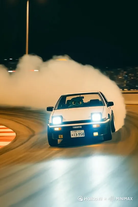 夜晚城市天台，AE86在山路弯道漂移过弯。转弯完成后直线冲刺。镜头先跟随后右移左摇拍摄华丽过弯的过程后，接着在后方拍摄汽车飞车向前的画面 by Hailuo AI Video Generator