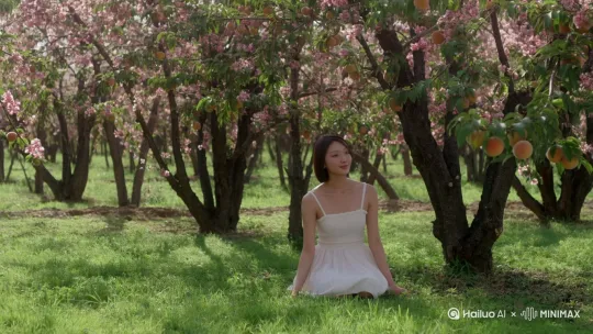 桃园里，短发美女静坐，起身摘桃，时而奔跑有桃树桃花，桃子 by Hailuo AI Video Generator